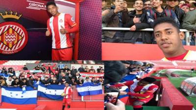 El delantero hondureño fue presentado este miércoles como nuevo fichaje del Girona de la primera división de la Liga de España. El atacante fue arropado por algunos catrachos que se hicieron presente al estadio.