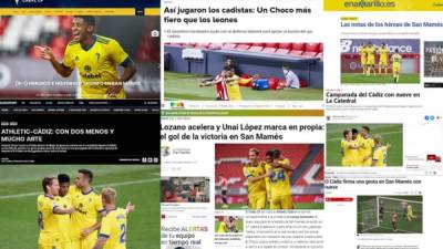 Los diarios de España han destacado la victoria del Cádiz gracias a una gran actuación del hondureño Antony 'Choco' Lozano para vencer por primera vez en la historia al Athletic de Bilbao en San Mamés en la Liga Española.
