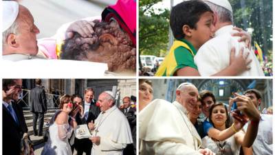 1. El papa Francisco, abraza a una persona enferma en la plaza de San Pedro del Vaticano. 2. El papa con un niño brasileño. 3. El Papa Francisco se puso una nariz roja para homenajear a una pareja de recién casados.4. El papa Francisco se toma un selfie con jóvenes en El Vaticano.