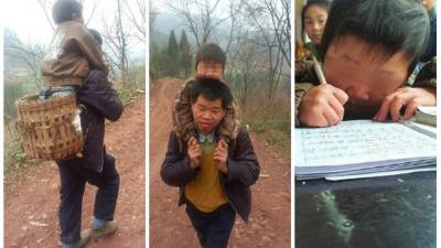 Yu Xukang adaptó una cesta de mimbre en la que carga a su pequeño, de 12 años, para acercarle todos los días al colegio. Foto: Daily Mail