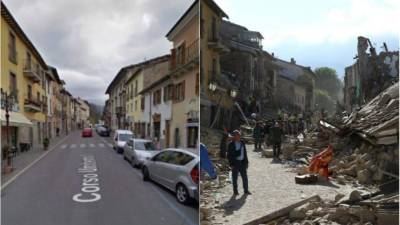 El antes y el después del casco histórico de Amatrice.