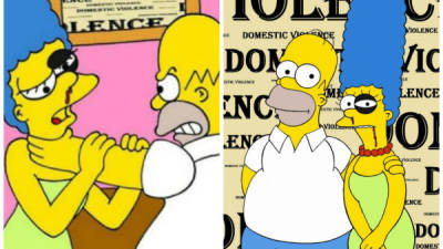 Homero y Margie Simpson con el ojo amoratado. Es una de las mundialmente famosas parejas de dibujos animados que forman parte de esta serie 'No más violencia contra las mujeres', de aleXandro Palombo.