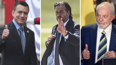 El presidente de Ecuador, Daniel Noboa (i), el presidente de Uruguay, Luis Lacalle Pou (c) y el presidente de Brasil, Luis Inàcio Lula da Silva, son los mejores evaluados en América del Sur.