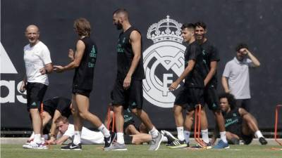 Jugadores del Real Madrid en el entrenamiento del miércoles en la Universidad de California. Foto EFE
