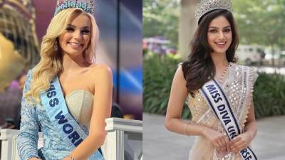 Karolina Bielawska, Miss Mundo 2021 y Harnaaz Kaur Sandhu, Miss Universo 2021.