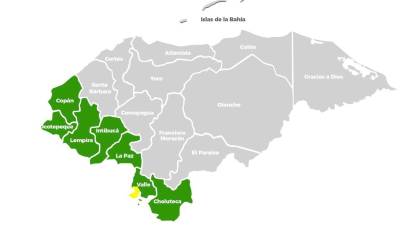 Mapa de alertas preventivas (verde y amarilla) emitida por la Secretaría de Gestión de Riesgos y Contingencias Nacionales (Copeco).