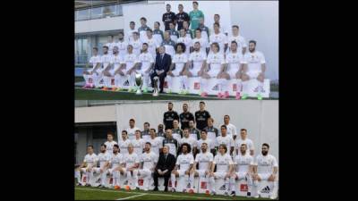 En la parte superior la foto oficial del Real Madrid con Rafa Benítez realizada el 21 de septiembre de 2015 y en la parte inferior, la foto oficial con Zinedine Zidane. (Foto RealMadrid.com)