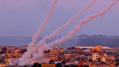 Rockets are launched towards Israel from the southern Gaza Strip, on May 17, 2021. (Photo by SAID KHATIB / AFP)