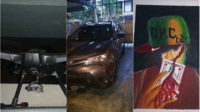 Dron, camioneta y cuadro encontrado en la casa allanada en la colonia Aurora.