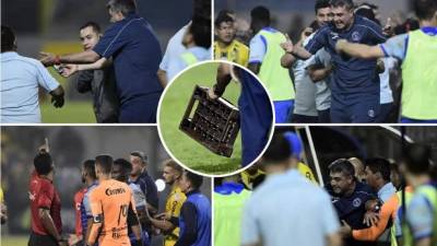 Diego Vázquez fue protagonista en los últimos minutos del clásico Real España-Motagua. Un aficionado lanzó una caja de cerveza al banquillo del azul y el técnico argentino enloqueció. Fotos Yoseph Amaya y Neptalí Romero