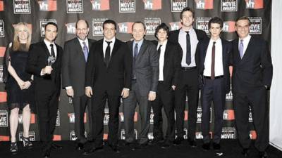 LOS ANGELES, CA - JANUARY 14: (L-R) Producer Cean Chaffin, producer David Brunetti, producer Scott Rudin, producer Michael DeLuca, producer Kevin Spacey, actor Jesse Eisenberg, actor Armie Hammer and actor Andrew Garfield poses in the press room during the 16th annual Critics' Choice Movie Awards at the Hollywood Palladium on January 14, 2011 in Los Angeles, California. (Photo by Jason Merritt/Getty Images)