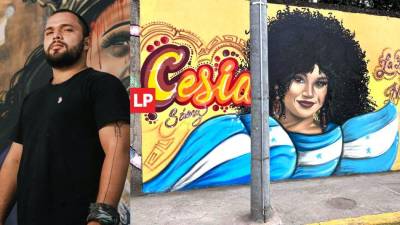 El artista Nery Fernández pintó un mural en apoyo a Cesia Sáenz, la representante de Honduras en La Academia.