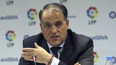 El presidente de la Liga de Fútbol Profesional (LFP), Javier Tebas Medrano, durante la rueda de prensa.
