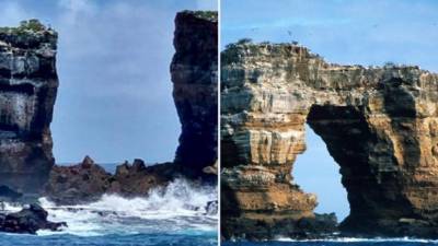 Antes y después del Arco de Darwin, el cual colapsó el pasado lunes debido a la orosión natural.