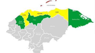 Mapa de alertas emitido este jueves por Cenaos - Copeco.