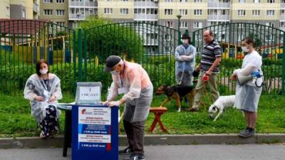 Un hombre pasea perros mientras los miembros de una comisión electoral local con máscaras faciales esperan a los residentes locales en una mesa de votación al aire libre en San Petersburgo. Foto AFP