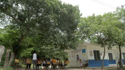 La maestra, mientras les da clases a los niños debajo del árbol en el patio de la escuela.