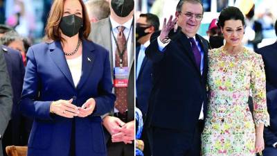 La vicepresidenta de Estados Unidos, Kamala Harris. El canciller de México, Marcelo Ebrard, junto a su esposa hondureña Rosalinda Bueso.