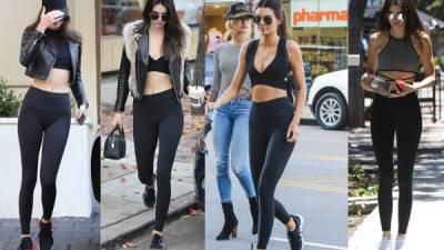 Los Tights son de tiro alto, a la cintura. Kendall Jenner es fans de este tipo de pantalón deportivo y sabe cómo combinarlo.