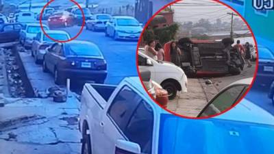 El carro impactó contra varios vehículos y luego quedó volcado.