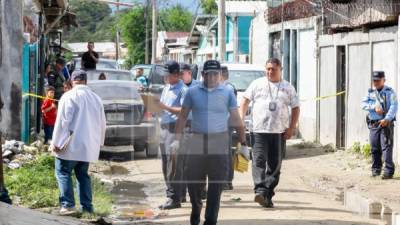 Agentes de la Policía y personal forense en la escena de un hombre que fue asesinado en la colonia La Pradera de San Pedro Sula.