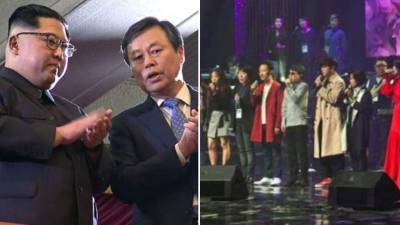 Kim Jong-Un en compañía del presidente de Corea del Sur, Moon Jae-in durante el concierto.