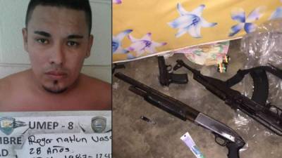 El detenido Roger Vásquez y las armas decomisadas.