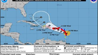 MIA01. MIAMI (FL, EE.UU.), 18/09/2017.- Gráfico cedida por el Centro Nacional de Huracanes (CNH) que muestra el recorrido y la posible trayectoria del huracán María. María se convirtió hoy en un 'peligroso' huracán categoría 4 con vientos máximos sostenidos de 215 kilómetros por hora (130 millas) en camino a Dominica, informó hoy el Centro Nacional de Huracanes (CNH) de EE.UU. EFE/Cortesía Centro Nacional de Huracanes/SOLO USO EDITORIAL/NO VENTAS