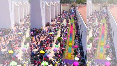 La tradición de las familias de Comayagua no defraudó a los turistas que llegaron desde otras partes del país y del extranjero para apreciar el resultado de fusionar diferentes colores entre cálidos y fuertes para hacer resaltar figuras en las llamativas alfombras de Semana Santa. Fotos: Yoseph Amaya