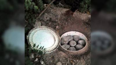 El balde con los 22 paquetes de marihuana.