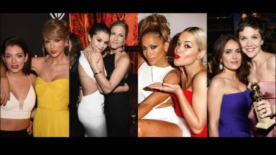 Lorde y Taylor Swift asistieron la fiesta de InStyle y Warner Bros. Jennifer Aniston arbraza a Selena Gómez. Jennifer López y Rita Ora. En la otra imagen Salma Hayek y Maggie Gyllenhaal.