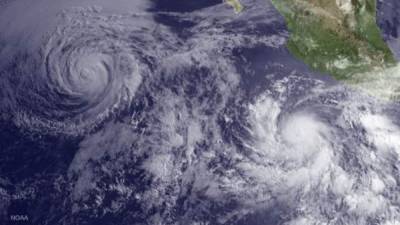 La tormenta tropical Andrés y el huracán Blanca vistos desde el espacio en el oceáno Pacífico. Foto: NOAA.