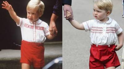 George, es sin duda, el vivo retrato de su padre, y, al igual que hizo Guillermo por aquel entonces, este precioso niño con el pelo rubio platino con blusa blanca con cuello bebé, bordado en nido de abeja, jaretas y ribeteado en rojo, a juego con sus pantalones cortos.