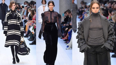 Max Mara se pasa desde una serie negra a comienzos del desfile a tonos grises, caqui y azul marino, para terminar en un blanco de nieve.