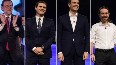 El líder del Partido Popular y presidente de Gobierno, Mariano Rajoy; el líder de Ciudadanos, Albert Rivera; el líder del PSOE, Pedro Sánchez; y el líder de Podemos, Pablo Iglesias. (Crédito: Getty Images)