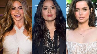 Las famosas latinas Salma Hayek (c), Sofía Vergara (i) y Ana de Armas presentarán en los Globos de Oro 2020.