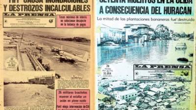 El 17 de septiembre de 1974, la fuerza descomunal del Fifí, que se formó en aguas del Caribe, causaba graves destrozos, principalmente en toda la zona norte de Honduras, aunque el efecto de las torrenciales lluvias afectó a todo el país. Portadas publicadas en ese momento por Diario LA PRENSA