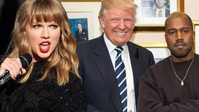 Collage de fotos de Taylor Swfit (i) y Donald Trump (c) junto al rapero Kanye West (d).