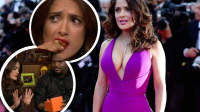 Así disfrutó Salma Hayek la rana frita y los gusanos en el programa de televisión.