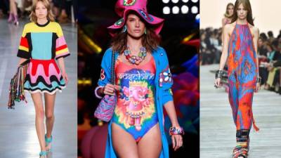 Emilio Pucci apuesta por los efectos ópticos y Moschino por el grafismo con calzado y corazones.