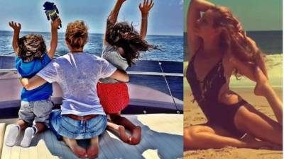 Thalía con sus dos hijos Matthew Alejandro y Sabrina Sakaë durante sus vacaciones en Italia.