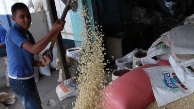 Un joven echa un poco de arroz que luego sería vendido en uno de los mercados de la capital.