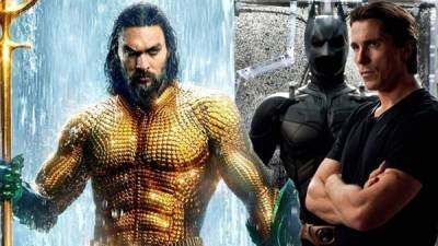 Collage de fotos de Jason Mamoa como Aquaman (i) y Christian Bale como Bruce Wayne/ Batman.