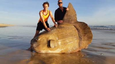 Los pescadores posaron con el raro animal.