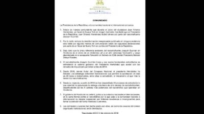 Imagen del comunicado emitido por el Gobierno de Honduras.