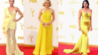 Heidi Klum, Taylor Schilling y Padma Lahshmi se vistieron de amarillo para los premios Emmy 2015.