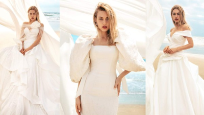 Faldas con silueta y diseños con asimetría fueron confeccionados en charmeuse, taffeta, damask, mikado, tulle y silk crepe. Créditos: Fotógrafo: Xiaoping. Model: Darina. Locación: Rusia.