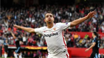 Wissam Ben Yedder celebrando su gol, el 1-0 del Sevilla contra la Lazio.