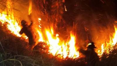 Dos bomberos buscaban sofocar el incendio anoche y afortunadamente lograron controlarlo.