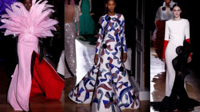 Los diseños destacados son los vestidos con plumas, escarolas y lazos.